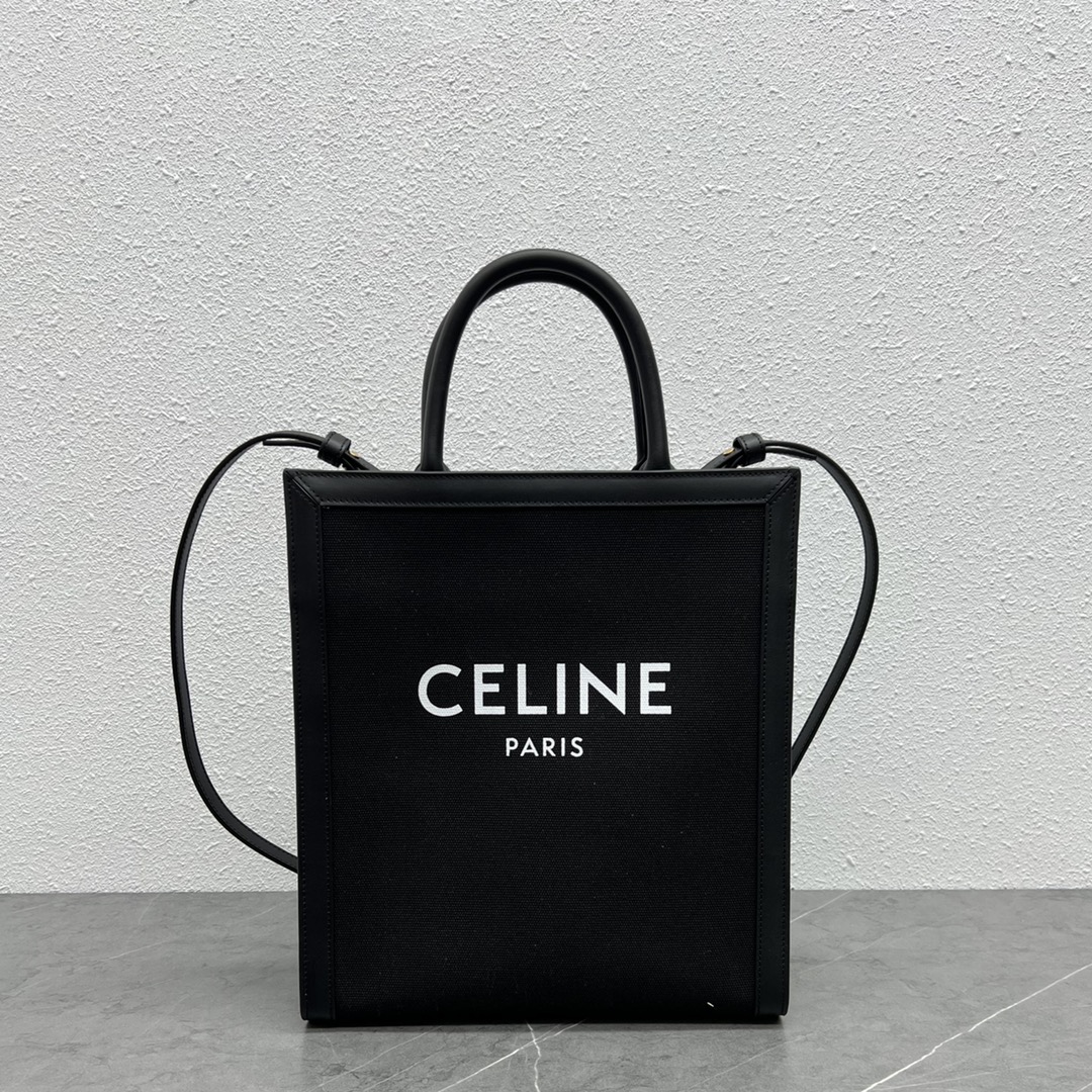 Celine Small Vertical Cabas In Textile With Celine Print And Calfskin Black 192082